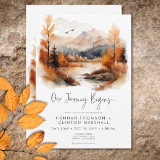 Rustic Fall Mountain Scene Watercolor Wedding Invitation