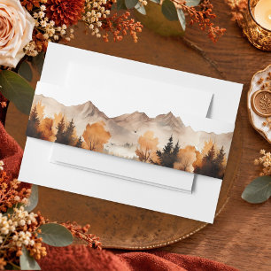 Rustic Fall Mountain Scene Watercolor Wedding Invitation Belly Band