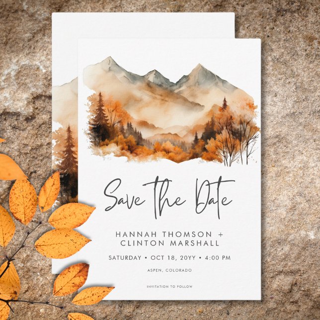 Rustic Fall Mountain Scene Watercolor Wedding Save The Date (Rustic Fall Mountain Scene Watercolor Wedding Save The Date)