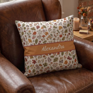 Rustic Fall Mushroom Leaves Woodland Monogram Name Cushion
