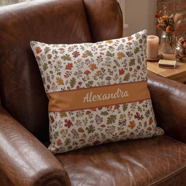 Rustic Fall Mushroom Leaves Woodland Monogram Name Cushion (Creator Uploaded)