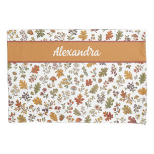 Rustic Fall Mushroom Leaves Woodland Monogram Name Pillowcase