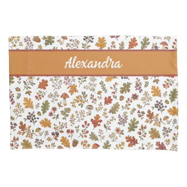 Rustic Fall Mushroom Leaves Woodland Monogram Name Pillowcase (Front)