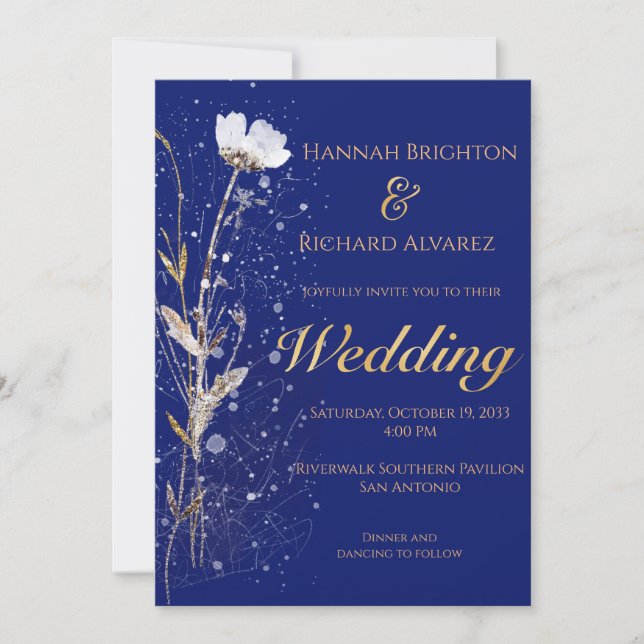 Rustic Fall Navy Blue Bohemian Wildflower Wedding Invitation (Front)