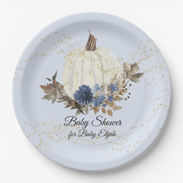 Rustic Fall Navy Blue Floral Pumpkin Baby Shower Paper Plate (Front)