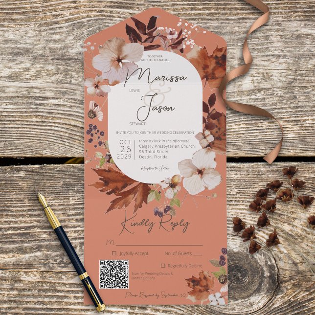 Rustic Fall Neutral Wreath Rust QR Code All In One Invitation (Creator Uploaded)