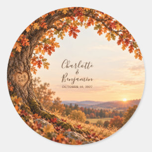 Rustic Fall Oak Tree Sunset Wedding Classic Round Sticker