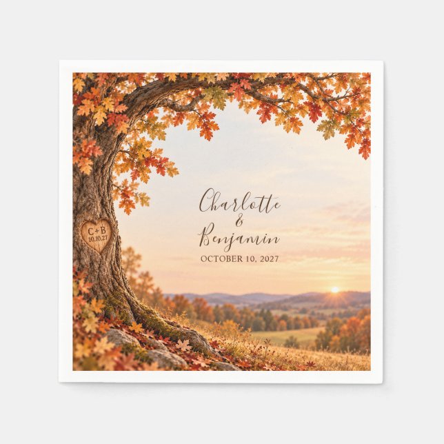 Rustic Fall Oak Tree Sunset Wedding Paper Napkin (Front)