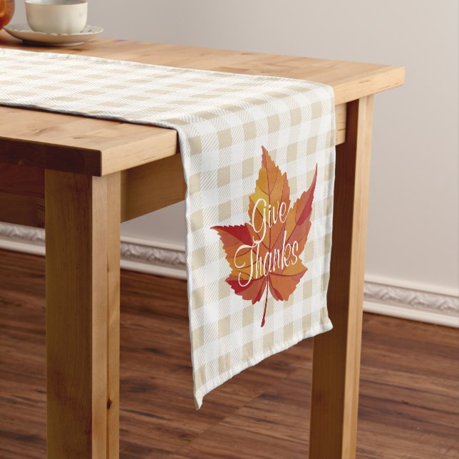 Rustic Fall Orange Leaf & White Plaid Give Thanks Short Table Runner (In Situ)