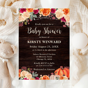 Rustic Fall Orange Pumpkin Floral Baby Shower Invitation