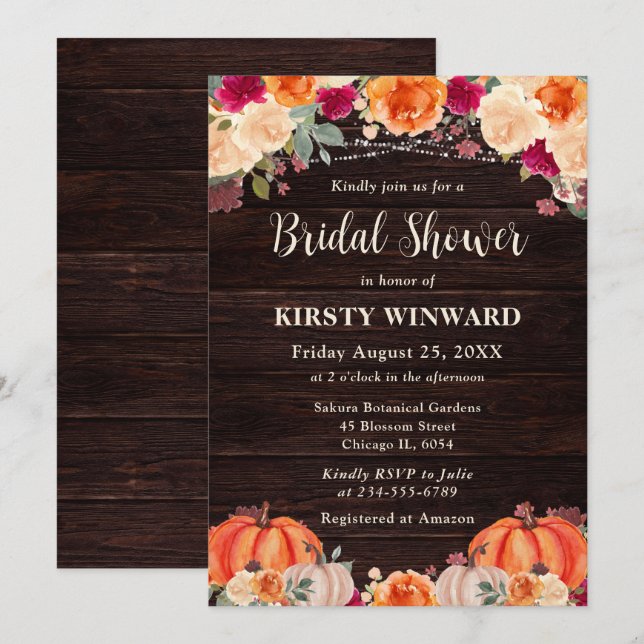 Rustic Fall Orange Pumpkin Floral Bridal Shower Invitation (Front/Back)
