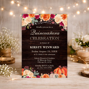 Rustic Fall Orange Pumpkin Floral Quinceanera Invitation