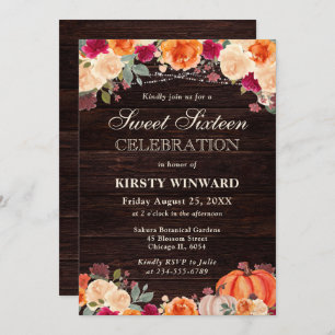 Rustic Fall Orange Pumpkin Floral Sweet Sixteen Invitation