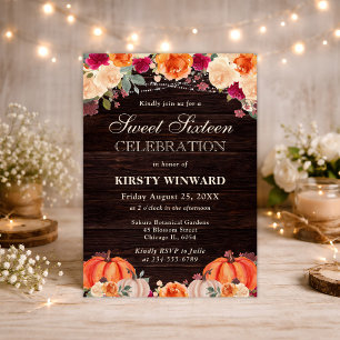Rustic Fall Orange Pumpkin Floral Sweet Sixteen Invitation