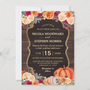 Rustic Fall Orange Pumpkin floral wedding Invitation