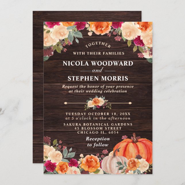 Rustic Fall Orange Pumpkin Floral Wedding Invitation (Front/Back)