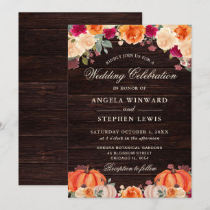 Rustic Fall Orange Pumpkin Floral Wedding Invitation