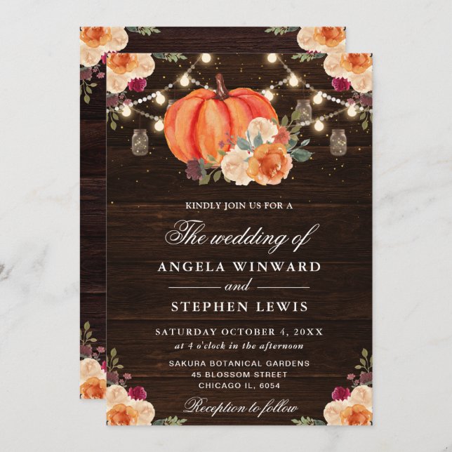 Rustic Fall Orange Pumpkins Floral Wedding Invitation (Front/Back)