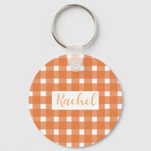 Rustic Fall Orange White Gingham  Key Ring