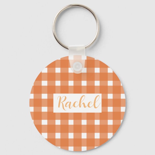 Rustic Fall Orange White Gingham  Key Ring (Front)