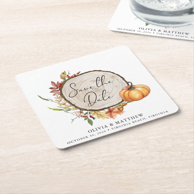 Rustic Fall Photo Wood Slice Boho Save the Date  Square Paper Coaster (Angled)