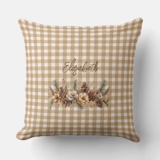 Rustic Fall Pine Cones Brown Gingham Personalised  Cushion (Front)