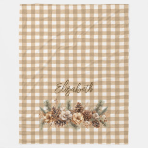 Rustic Fall Pine Cones Brown Gingham Personalised  Fleece Blanket