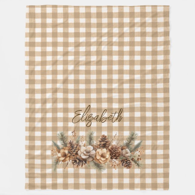 Rustic Fall Pine Cones Brown Gingham Personalised  Fleece Blanket (Front)