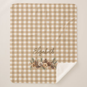 Rustic Fall Pine Cones Brown Gingham Personalised  Sherpa Blanket