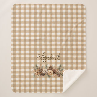 Rustic Fall Pine Cones Brown Gingham Personalised Sherpa Blanket
