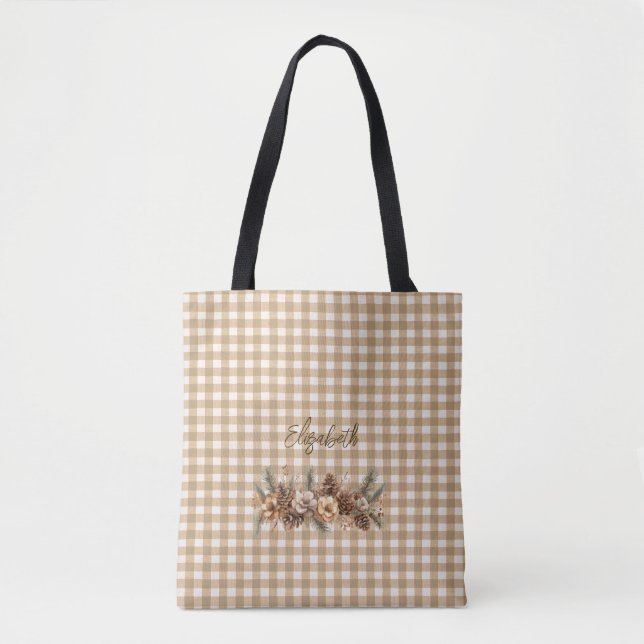 Rustic Fall Pine Cones Brown Gingham Personalised  Tote Bag (Front)