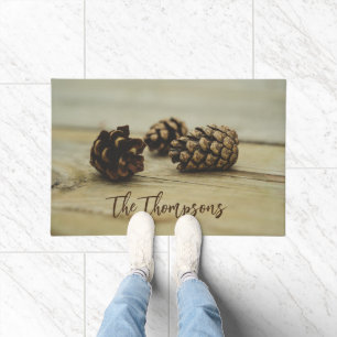 Rustic Fall Pinecones On Wood With Custom Name Doormat