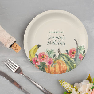 Rustic Fall Pink Floral Pumpkins Birthday Party Paper Plate