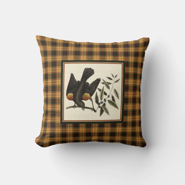 Rustic Fall Plaid with Vintage Blackbirds Cushion (Front)