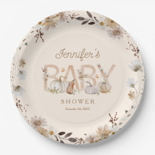 Rustic Fall Pumpkin and Floral Baby Shower Paper Plate
