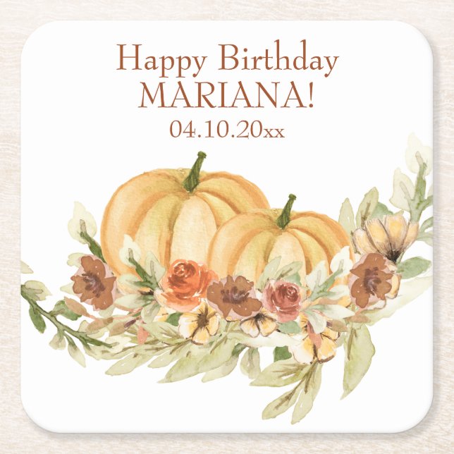 Rustic Fall Pumpkin Birthday Party Cocktail Square Paper Coaster (Front)