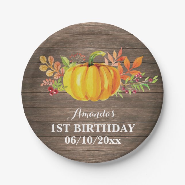 Rustic Fall Pumpkin Birthday Party Paper Plate (Front)