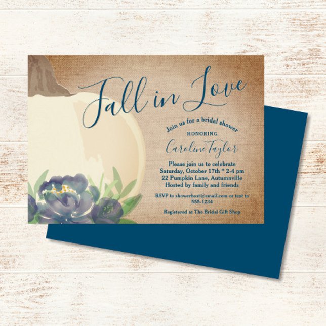 Rustic Fall Pumpkin Blue Floral Bridal Shower Invitation (Rustic Fall Pumpkin Blue Floral Bridal Shower Invitation)