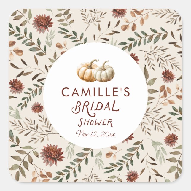 Rustic Fall Pumpkin Bridal Shower Square Sticker (Front)
