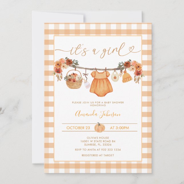 Rustic Fall Pumpkin Clothesline Baby Shower  Invitation (Front)