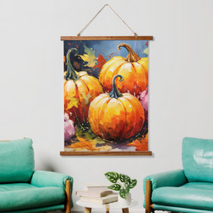 Rustic Fall Pumpkin Colorful Autumn Leaves Hanging Tapestry