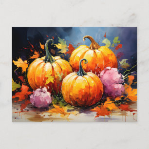 Rustic Fall Pumpkin Colourful Autumn Leaves Announcement Postcard
