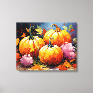 Rustic Fall Pumpkin Colourful Autumn Leaves Canvas Print