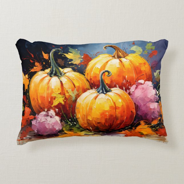 Rustic Fall Pumpkin Colourful Autumn Leaves Decorative Cushion (Front)