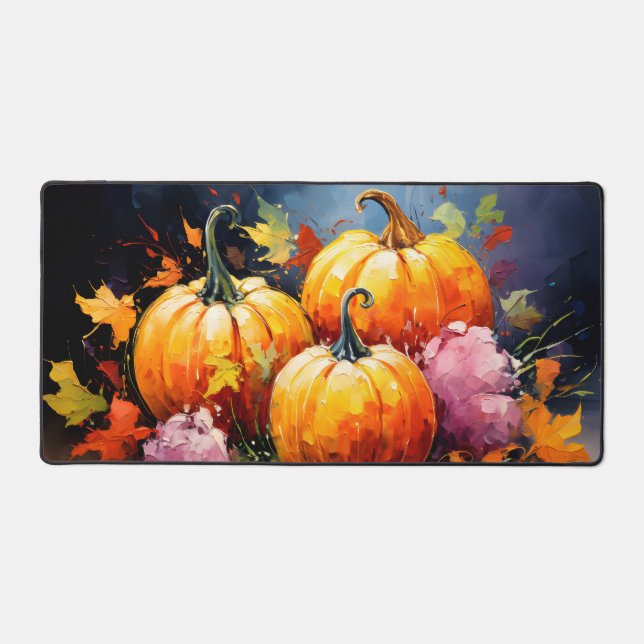 Rustic Fall Pumpkin Colourful Autumn Leaves Desk Mat (Front)