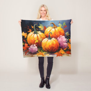 Rustic Fall Pumpkin Colourful Autumn Leaves Fleece Blanket