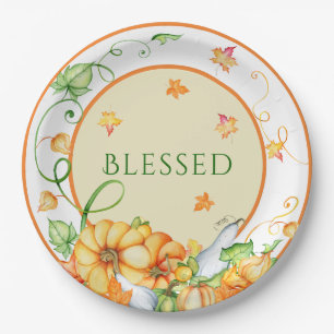 Rustic Fall Pumpkin Floral Blessed Thanksgiving Paper Plate