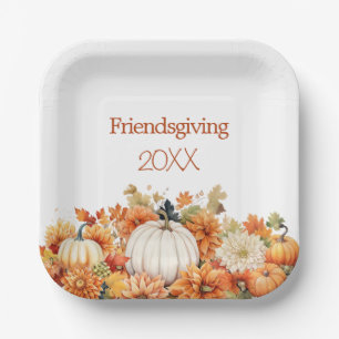Rustic Fall Pumpkin Floral Friendsgiving Year Paper Plate