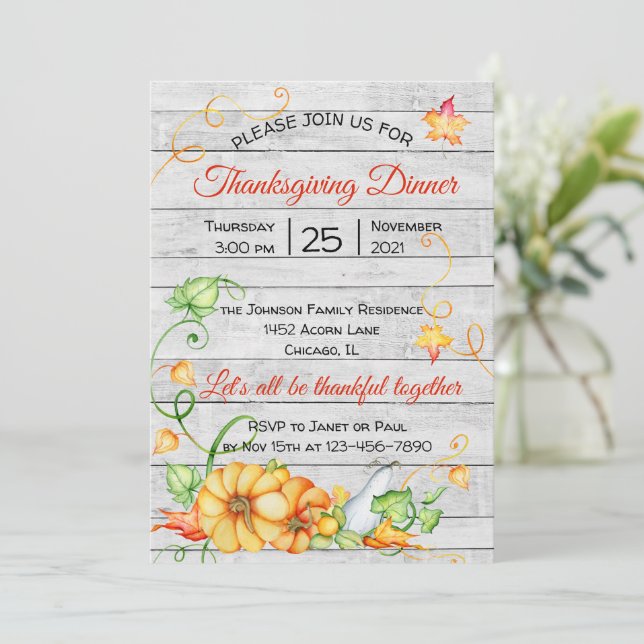 Rustic Fall Pumpkin Floral Thanksgiving Dinner   I Invitation (Standing Front)
