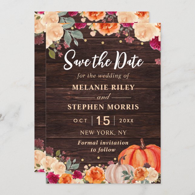 Rustic Fall Pumpkin floral wedding save the date (Front/Back)